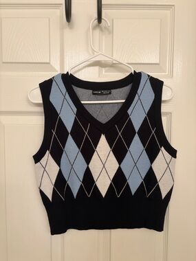 Black Blue Argyle V-Neck Knit Crop Top